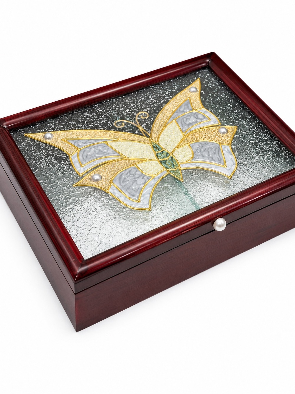 Mixed Media Stained Glass Butterfly Art Box Vintage Wood Base NWT